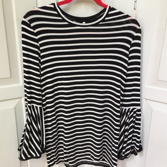 Maette Black & White Striped Bell Sleeve Top - Picture 2 of 15